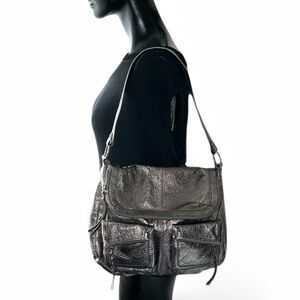 The Sak Leather Zip Foldover Pewter Metallic Leather Shoulder Bag